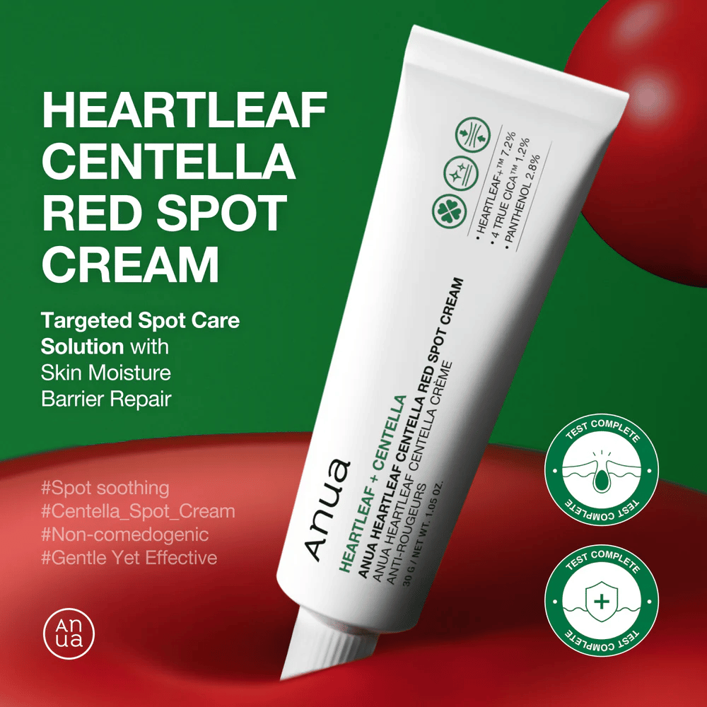 Anua Heartleaf Centella Red Spot Cream σε λευκό σωλήνα που παρουσιάζεται σε πράσινο φόντο, με έμφαση στη σημειακή θεραπεία, την αποκατάσταση του φραγμού υγρασίας και δοκιμασμένη απαλή φόρμουλα.