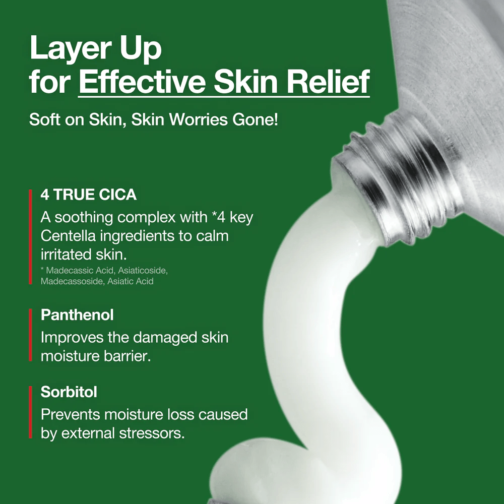 Anua Heartleaf Centella Red Spot Cream με λευκή κρέμα που πιέζεται από το σωλήνα, επισημασμένα συστατικά όπως το 4 True Cica, Πανθενόλη και Σορβιτόλη για ηρεμιστική και ενυδατική δράση.