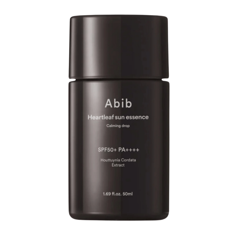 Εικόνα προϊόντος του Abib Heartleaf Sun Essence Calming Drop σε μαύρη συσκευασία με λευκό κείμενο και SPF50+ PA++++, 50 ml.