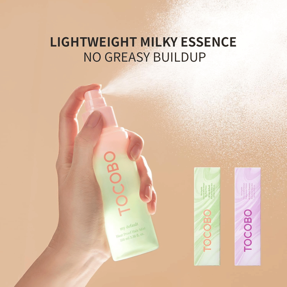 2. TOCOBO Heat Proof Hair Mist #02 My Default – ελαφρύ γαλακτώδες hair mist που ψεκάζεται ομοιόμορφα χωρίς να κάνει τα μαλλιά λιπαρά ή βαριά