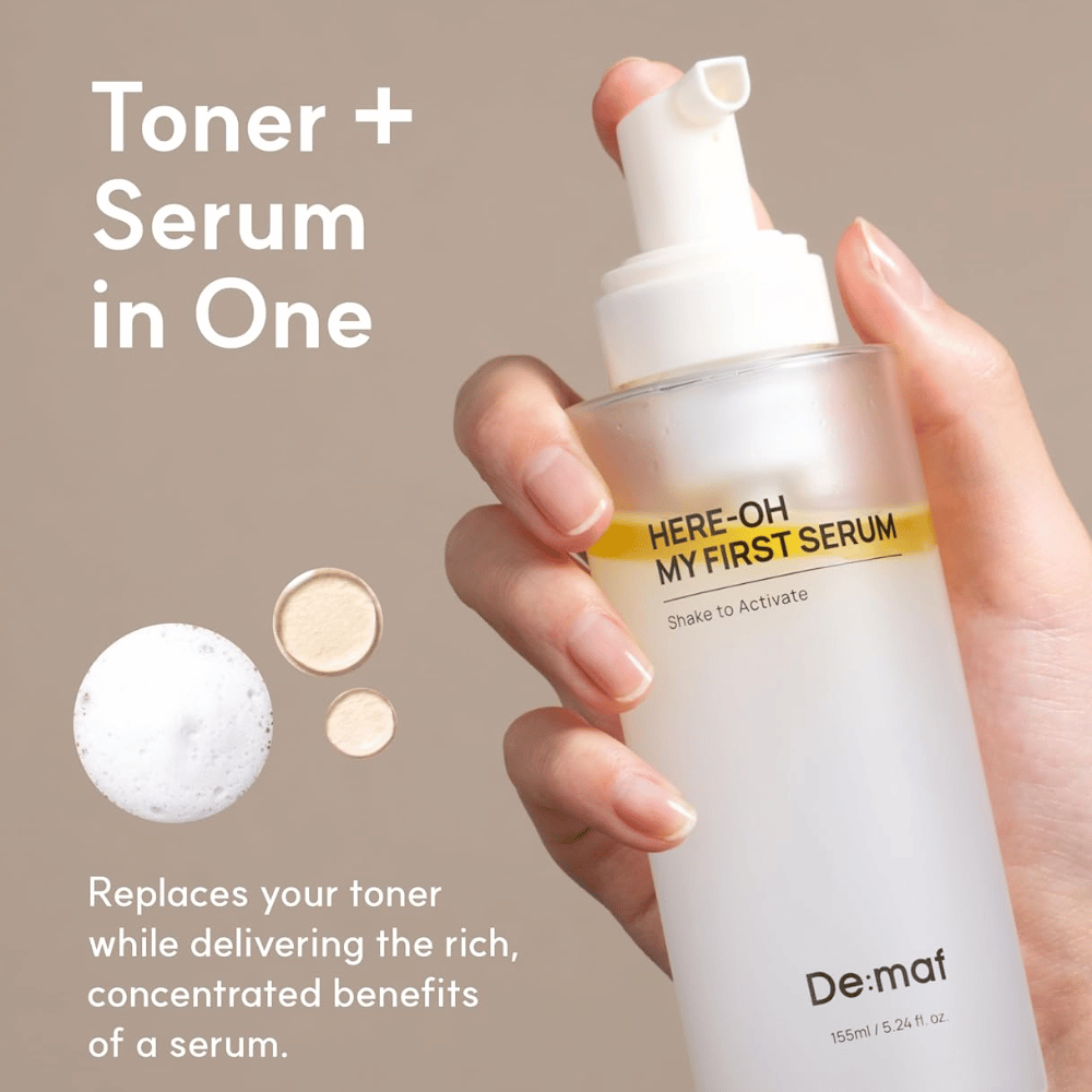 Δείχνει πώς το προϊόν συνδυάζει toner και serum σε ένα βήμα για απλή και αποτελεσματική περιποίηση της επιδερμίδας.