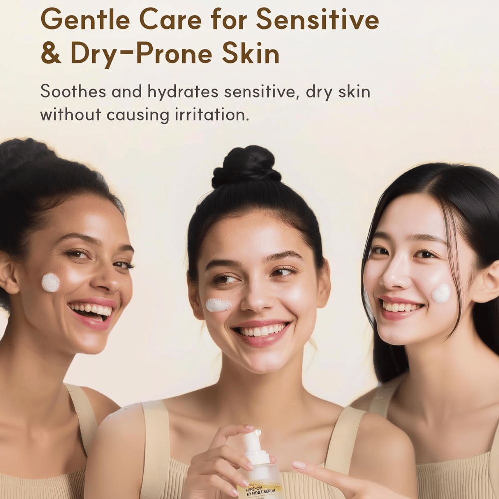 Lifestyle εικόνα με τρία άτομα που εφαρμόζουν το De:maf Here-Oh My First Serum.