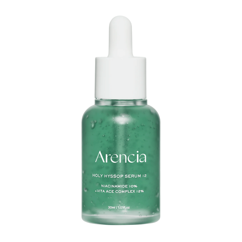 Arencia Holy Hyssop Serum 12 σε πράσινο γυάλινο μπουκάλι με πιπέτα, ορός προσώπου με νιασιναμίδη 10% και σύμπλεγμα βιταμινών ACE 12%.