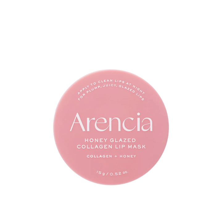 Καθαρή εικόνα προϊόντος του Arencia Honey Glazed Collagen Lip Mask σε ροζ συσκευασία με μινιμαλιστικό και κομψό σχεδιασμό.