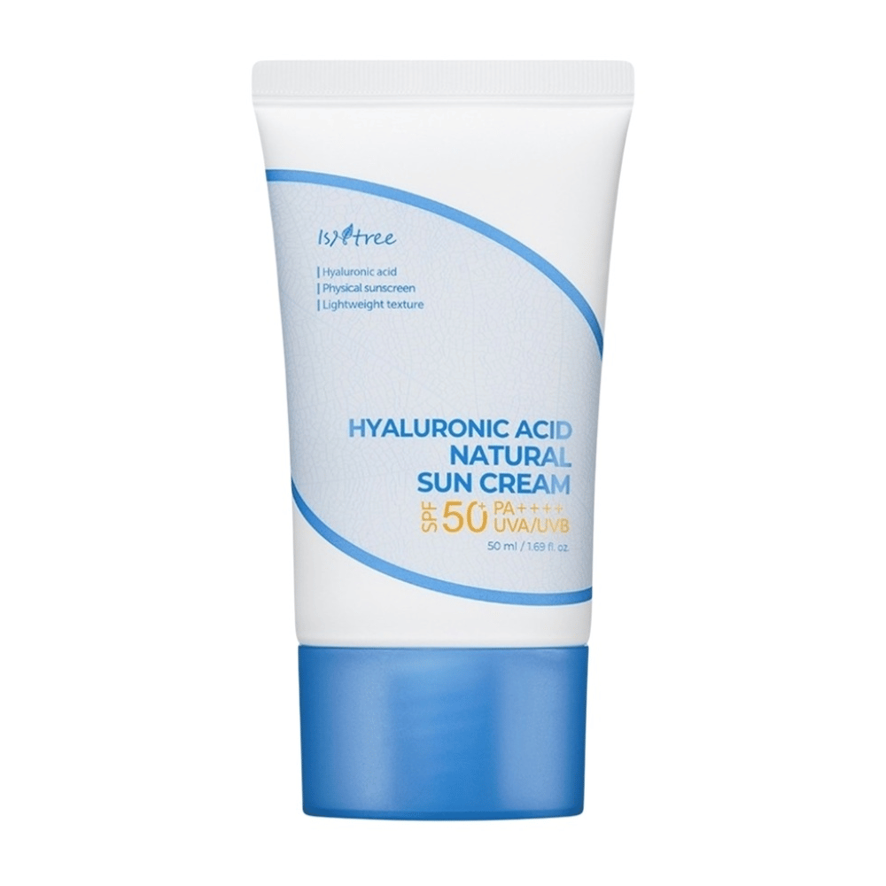 Isntree Hyaluronic Acid Natural Sun Cream με SPF50+ PA++++ προστατεύει από UVA/UVB, ενυδατώνει με υαλουρονικό οξύ και είναι κατάλληλο για ευαίσθητο δέρμα χάρη στη λεπτή, φυσική και μη φαγεσωρογόνο σύνθεσή του.