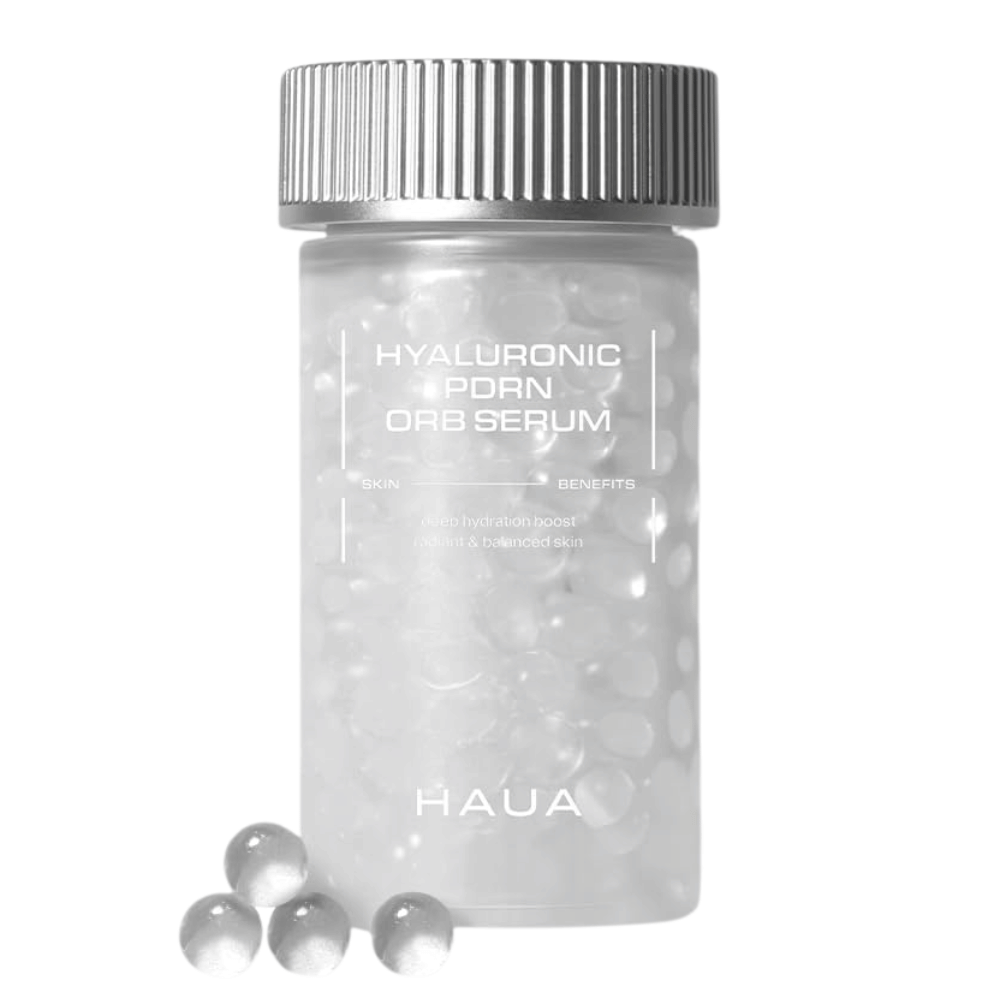 Εικόνα προϊόντος του HAUA Hyaluronic PDRN Orb Serum σε λευκό φόντο. Το διαφανές δοχείο είναι γεμάτο με σφαιρίδια ορού και αναδεικνύει τη μοναδική ενθυλακωμένη σύνθεση του προϊόντος.