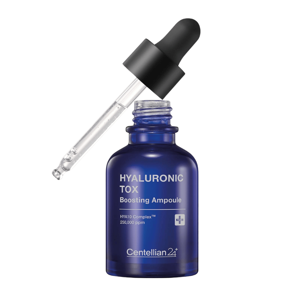 5. Centellian24 Hyaluronic Tox Boosting Ampoule – μπλε γυάλινο μπουκάλι με ενυδατικό ορό προσώπου και πιπέτα
