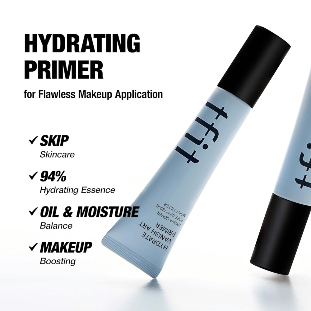 TFIT Hydrate Vanish Art Primer εμφανίζεται με ενημερωτικό κείμενο για τα οφέλη του προϊόντος, συμπεριλαμβανομένου του 94% ενυδατικής ουσίας και ισορροπίας λαδιού – σχεδιασμένο για μια πιο ομοιόμορφη βάση μακιγιάζ.