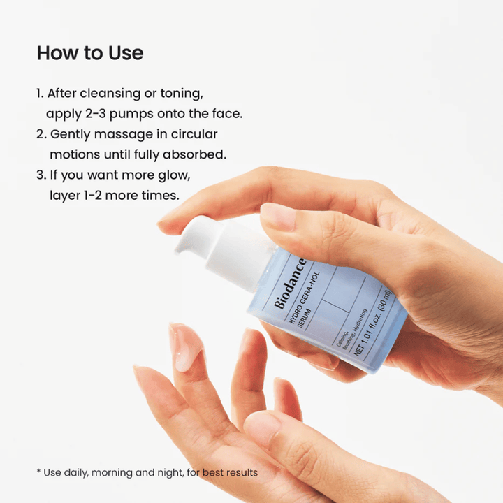 Μετά τον καθαρισμό ή το τονωτικό, εφαρμόστε 2–3 αντλίες στο πρόσωπο. Κάντε απαλό μασάζ με κυκλικές κινήσεις μέχρι να απορροφηθεί πλήρως ο ορός. Για επιπλέον λάμψη, εφαρμόστε επιπλέον 1–2 στρώματα. Χρησιμοποιήστε πρωί και βράδυ.