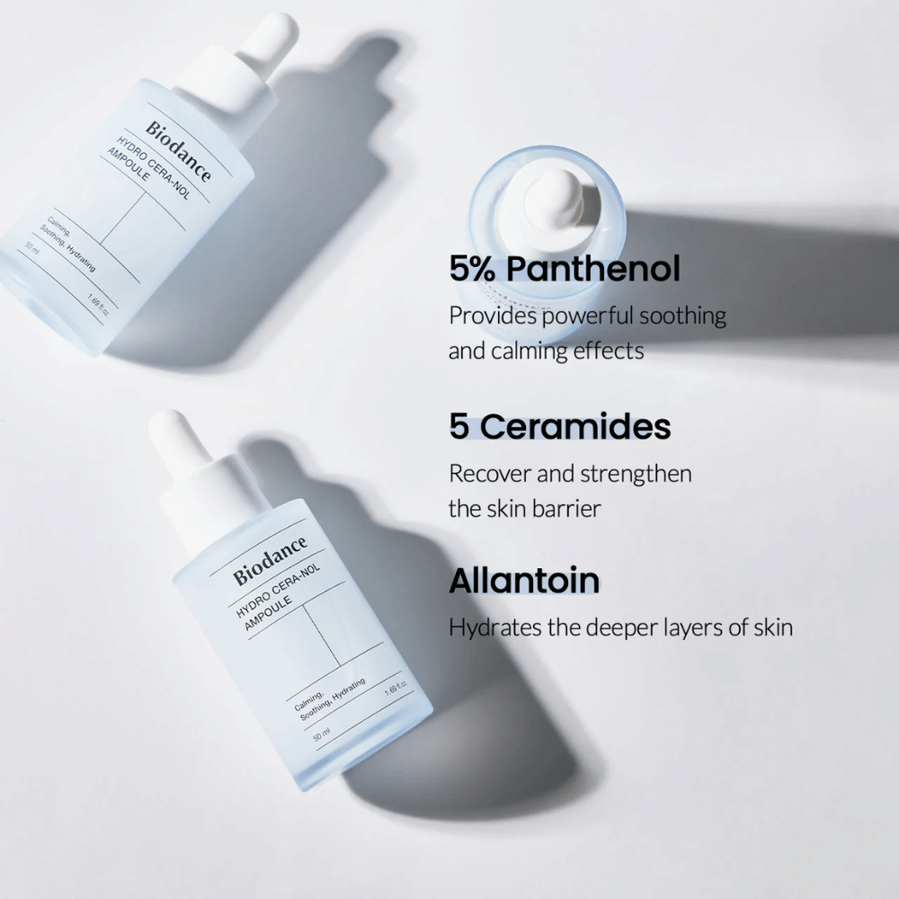 Biodance Hydro Cera-Nol Ampoule – Εντατική ενυδάτωση και ενίσχυση του φράγματος του δέρματος.

💙 5% Πανθενόλη – Καταπραΰνει και μειώνει τον ερεθισμό του δέρματος.
🛡️ 5 Κεραμίδια – Αναδομούν και ενισχύουν το προστατευτικό φράγμα του δέρματος.
💧 Αλλαντοΐνη – Βαθιά ενυδάτωση για πιο απαλό δέρμα.

Τέλειο για ευαίσθητο και ξηρό δέρμα που χρειάζεται επιπλέον φροντίδα!
