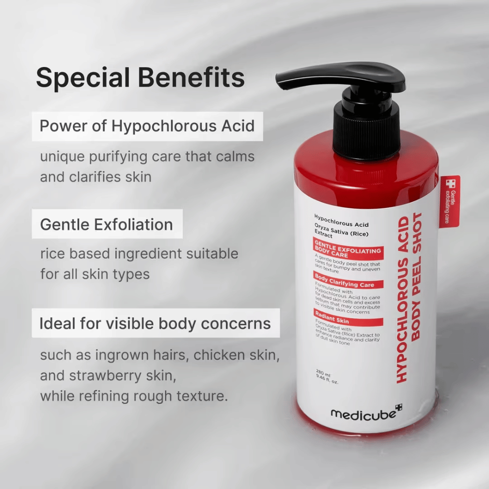 Ενημερωτική εικόνα για το Medicube Hypochlorous Acid Body Peel Shot με έμφαση στο υποχλωριώδες οξύ, την ήπια απολέπιση και τη φροντίδα της τραχιάς και ανομοιόμορφης επιδερμίδας του σώματος.