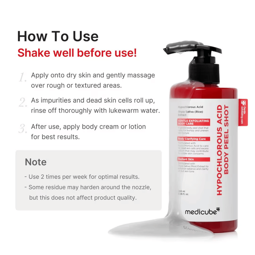 Εικόνα οδηγιών για το Medicube Hypochlorous Acid Body Peel Shot που δείχνει βήμα προς βήμα πώς χρησιμοποιείται το πίλινγκ σώματος για απολέπιση και πιο απαλή επιδερμίδα.