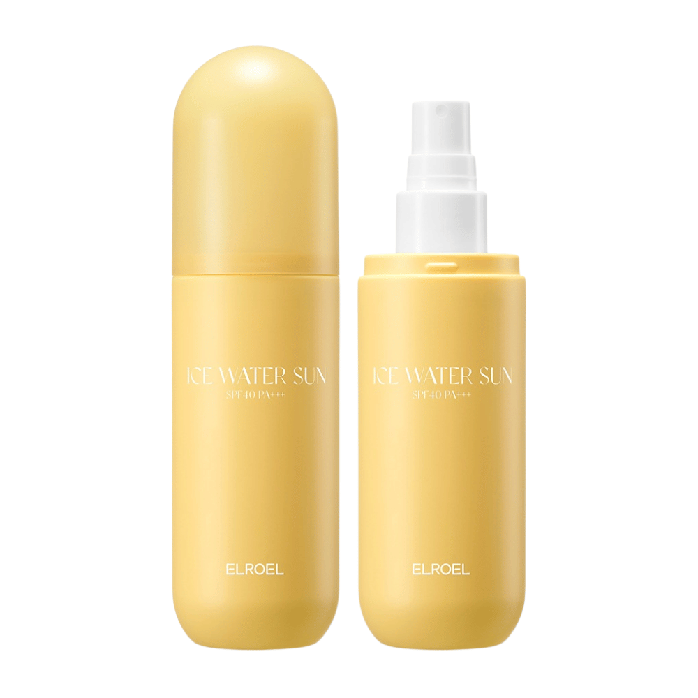 ELROEL Ice Water Sun Mist SPF 40 PA+++ εικόνα προϊόντος με κλειστό και ανοιχτό μπουκάλι που δείχνει πρακτικό σχεδιασμό για εύκολη εφαρμογή αντηλιακού σε μορφή σπρέι