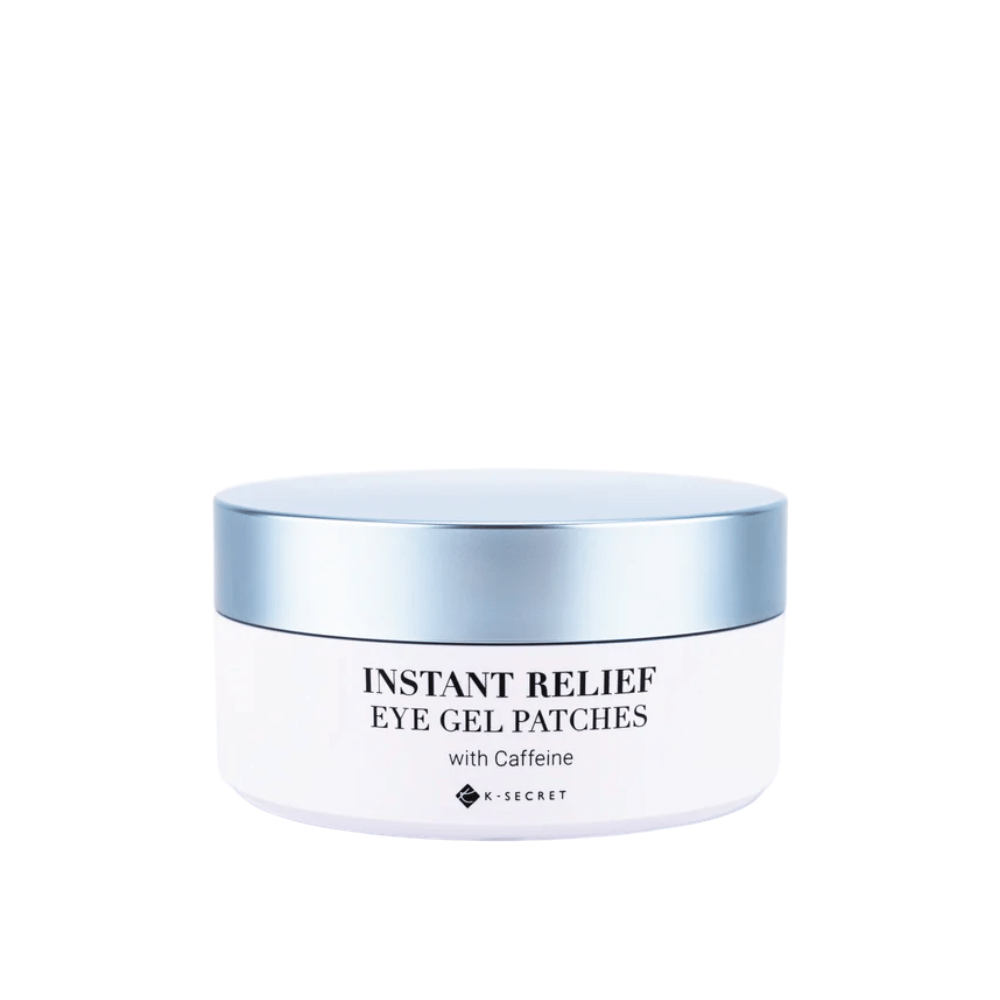 Δοχείο με K-Secret Instant Relief Eye Gel Patches με καφεΐνη και μπλε καπάκι.