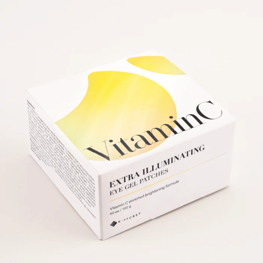 Συσκευασία K-Secret Extra Illuminating Eye Gel Patches με βιταμίνη C σε λευκό και κίτρινο σχέδιο.