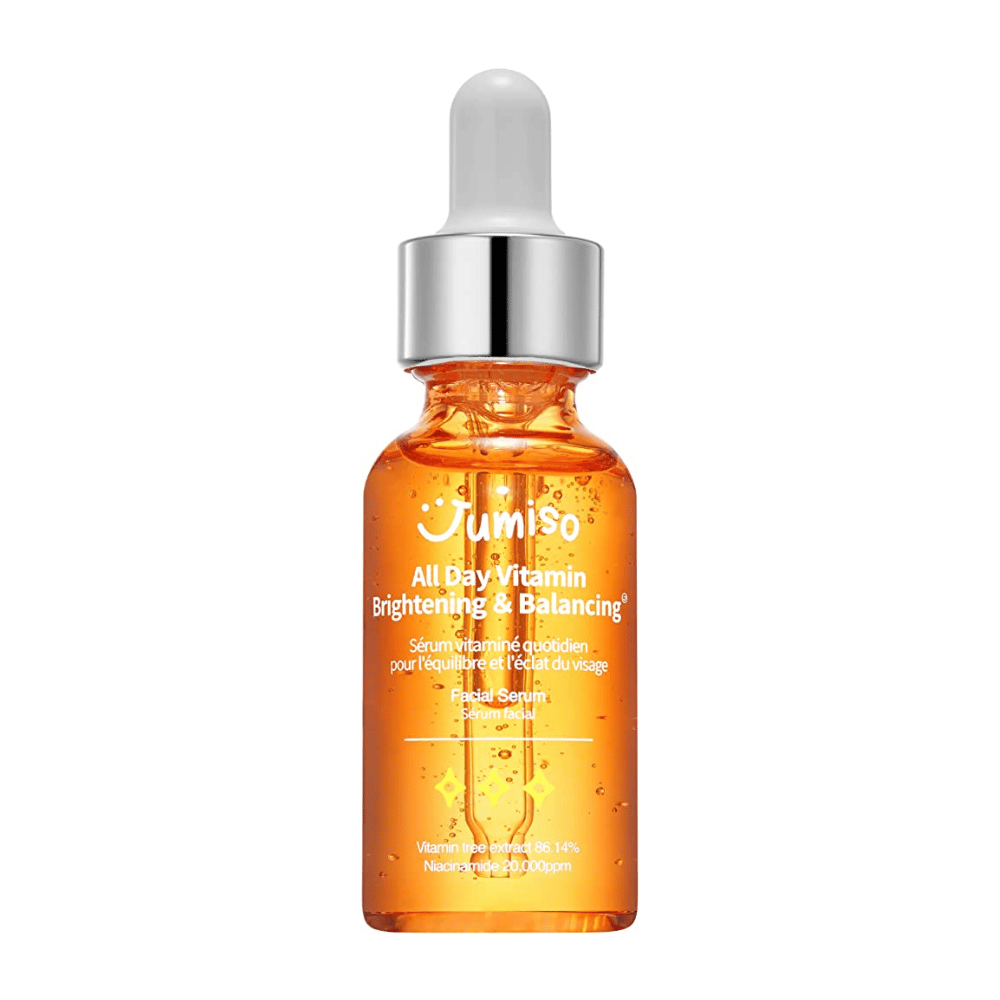 Εικόνα του JUMISO - All Day Vitamin Brightening & Balancing Facial Serum 30ml με ένα απλό φόντο. Αυτό το προϊόν είναι ένας ορός προσώπου που βοηθά να δώσει λάμψη και ισορροπία στο δέρμα.