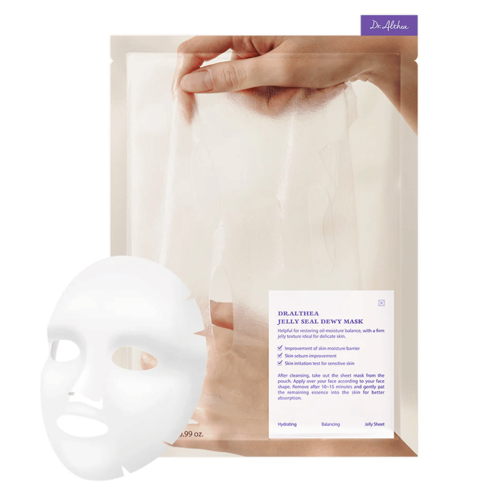 Dr.Althea Jelly Seal Dewy Mask – μια ενυδατική μάσκα φύλλων με υφή που μοιάζει με ζελέ που ενισχύει το φράγμα υγρασίας του δέρματος, ισορροπεί την παραγωγή σμήγματος και καταπραΰνει το ευαίσθητο δέρμα.