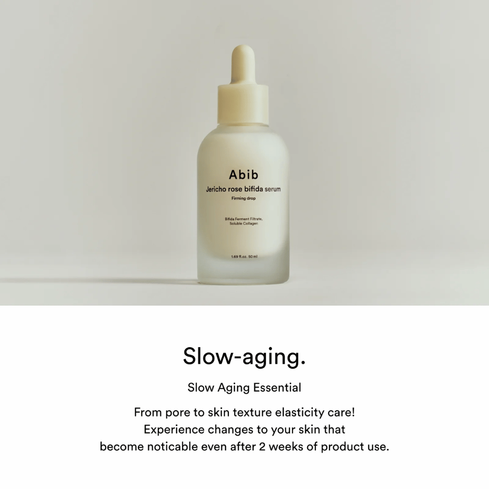Μινιμαλιστική εικόνα προϊόντος του Abib Jericho Rose Bifida Serum Firming Drop με έμφαση στο slow-aging και την ελαστικότητα του δέρματος.