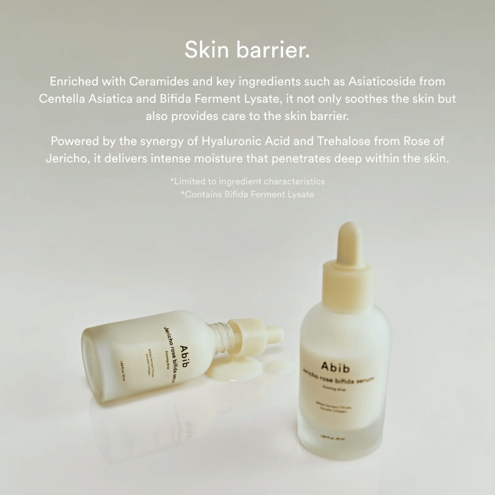 Εικόνα προϊόντος του Abib Jericho Rose Bifida Serum μαζί με πληροφορίες για τον δερματικό φραγμό, τα κεραμίδια και την εντατική ενυδάτωση.