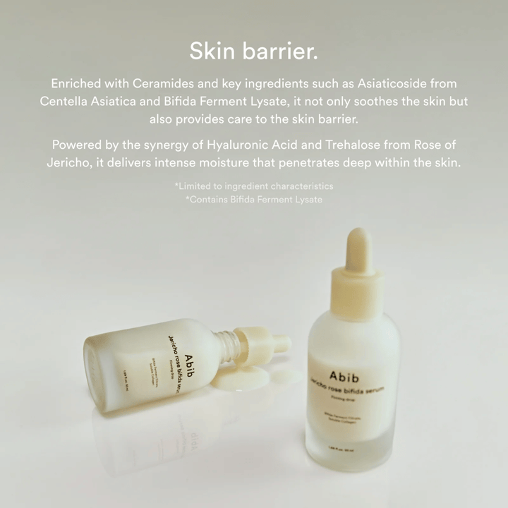 Εικόνα προϊόντος του Abib Jericho Rose Bifida Serum μαζί με πληροφορίες για τον δερματικό φραγμό, τα κεραμίδια και την εντατική ενυδάτωση.