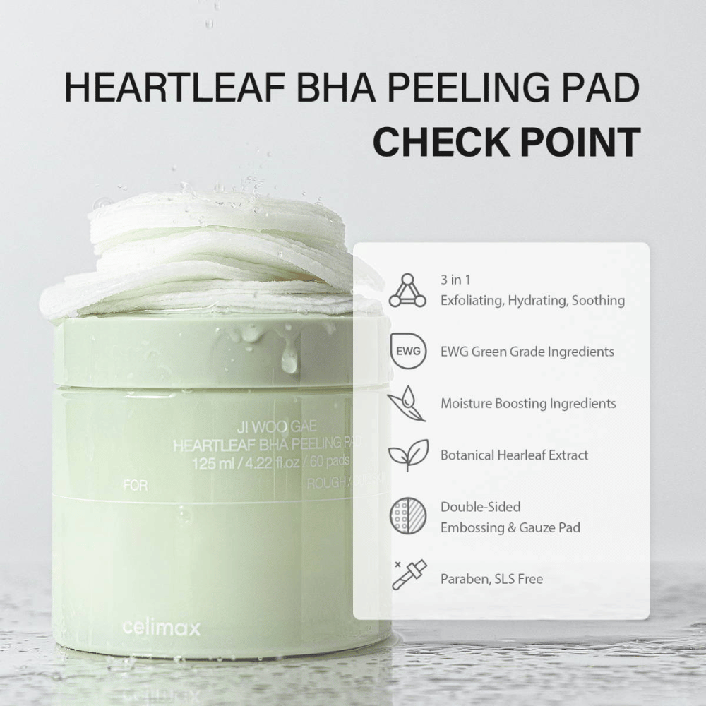 Celimax Ji Woo Gae Heartleaf BHA Peeling Pad είναι ένα πολυλειτουργικό προϊόν που απολεπίζει, ενυδατώνει και καταπραΰνει το δέρμα. Με μια πράσινη κατάταξη EWG, περιέχει ενυδατικά συστατικά και εκχύλισμα φυλλώματος καρδιάς.