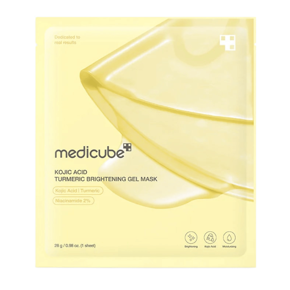Medicube Kojic Acid Turmeric Brightening Gel Mask – κίτρινη συσκευασία με εικόνα μάσκας γέλης και σαφή σήμανση συστατικών.