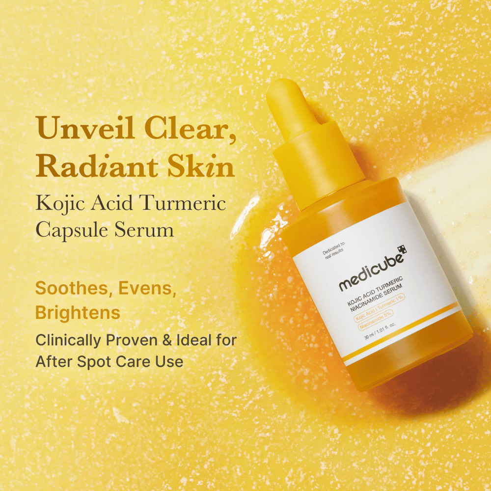 Εικόνα καμπάνιας του Medicube Kojic Acid Turmeric Niacinamide Serum με έντονη κίτρινη χρωματική παλέτα που αναδεικνύει το glow, τη λάμψη και τις ιδιότητες βελτίωσης της επιδερμίδας. Η έμφαση δίνεται στην καταπράυνση του δέρματος, στην εξομάλυνση του τόνου της επιδερμίδας και στην παροχή πιο καθαρής όψης μετά από post-acne care.