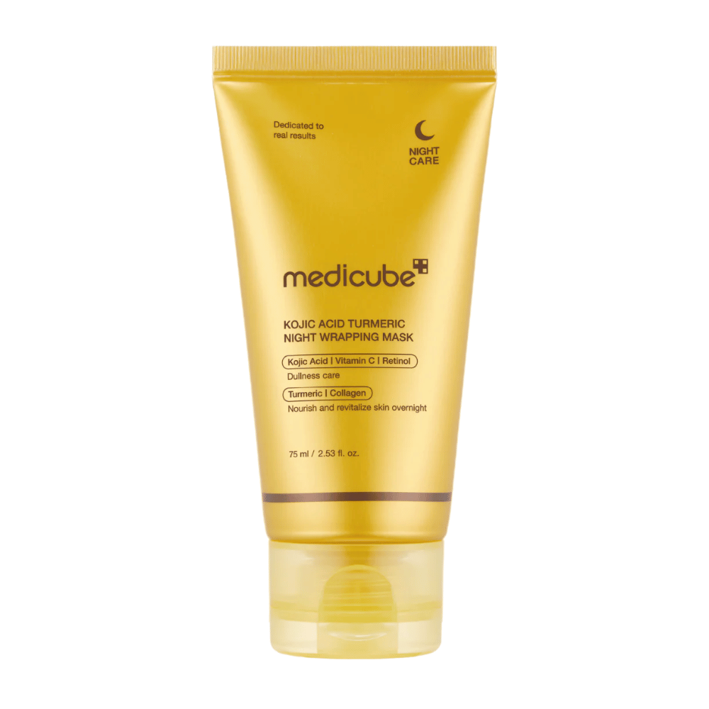 Medicube Kojic Acid Turmeric Night Wrapping Mask 75 ml σε χρυσή συσκευασία με κοζικό οξύ, κουρκουμά, βιταμίνη C και κολλαγόνο για νυχτερινή περιποίηση λάμψης.