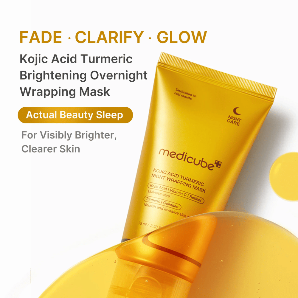 Medicube Kojic Acid Turmeric Night Wrapping Mask σε χρυσό σωληνάριο για νυχτερινή περιποίηση της επιδερμίδας που βοηθά να αποκτήσει πιο καθαρή, ομοιόμορφη και πιο λαμπερή όψη.