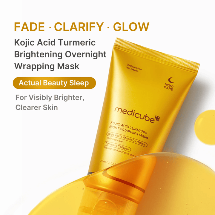 Medicube Kojic Acid Turmeric Night Wrapping Mask σε χρυσό σωληνάριο για νυχτερινή περιποίηση της επιδερμίδας που βοηθά να αποκτήσει πιο καθαρή, ομοιόμορφη και πιο λαμπερή όψη.