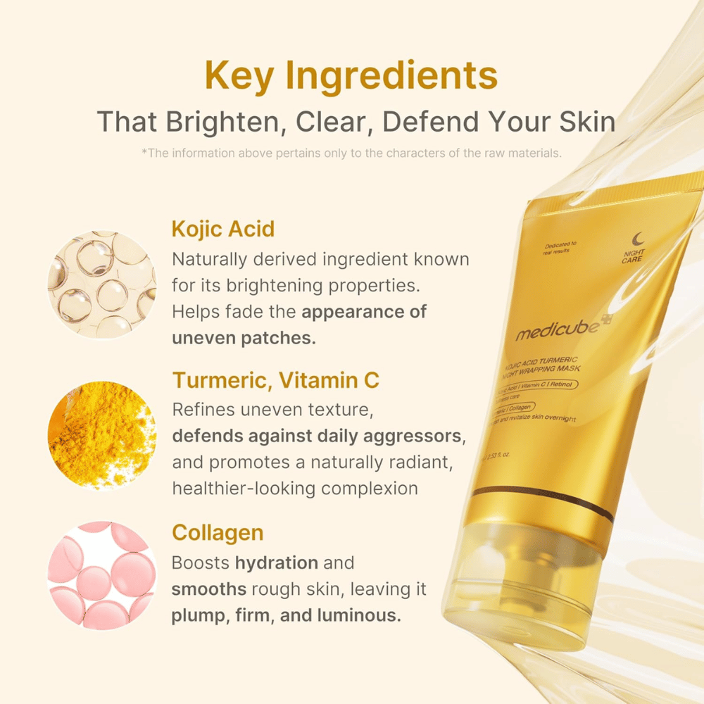 Medicube Kojic Acid Turmeric Night Wrapping Mask με κοζικό οξύ, κουρκουμά, βιταμίνη C και κολλαγόνο για λάμψη, ενυδάτωση και πιο ομοιόμορφο τόνο επιδερμίδας.