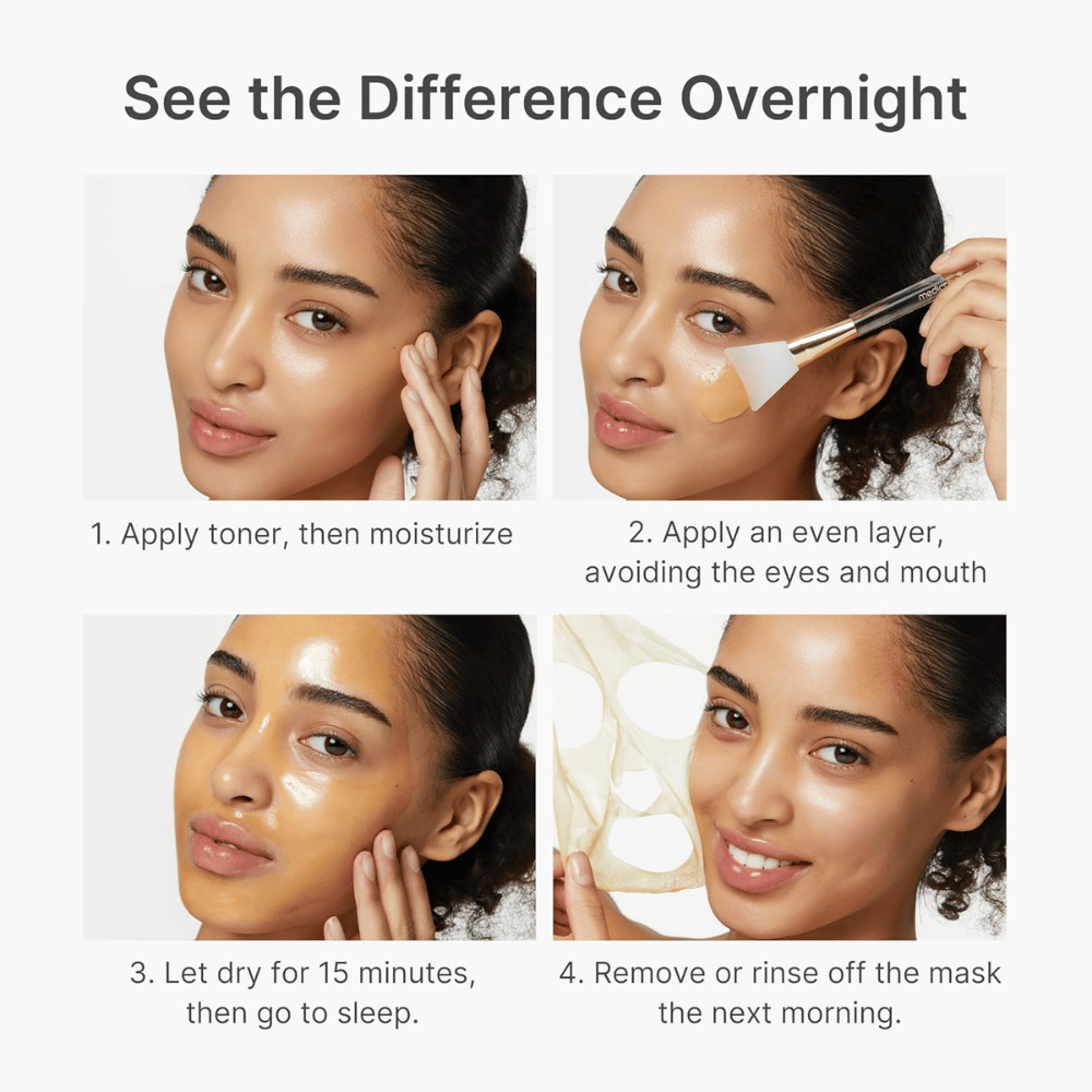 Medicube Kojic Acid Turmeric Night Wrapping Mask εφαρμόζεται ως μάσκα νυκτός σε τέσσερα βήματα για πιο καθαρή, ομοιόμορφη και πιο λαμπερή επιδερμίδα κατά τη διάρκεια της νύχτας.