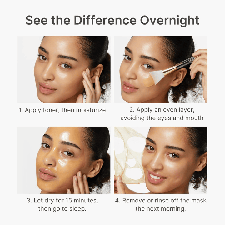 Medicube Kojic Acid Turmeric Night Wrapping Mask εφαρμόζεται ως μάσκα νυκτός σε τέσσερα βήματα για πιο καθαρή, ομοιόμορφη και πιο λαμπερή επιδερμίδα κατά τη διάρκεια της νύχτας.