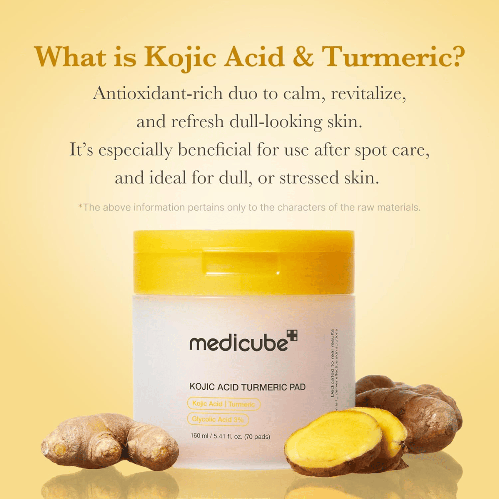 Ενημερωτική εικόνα για το Medicube Kojic Acid Turmeric Pad με έμφαση στο κοζικό οξύ και τον κουρκουμά ως συστατικά πλούσια σε αντιοξειδωτικά για λάμψη, καταπραϋντική δράση και αναζωογονημένη επιδερμίδα.
