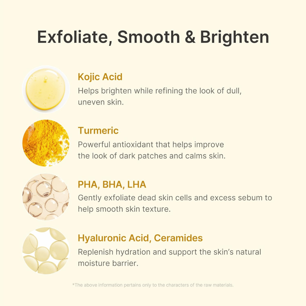 Medicube Kojic Acid Turmeric Peel Shot με κοζικό οξύ, κουρκουμά, PHA, BHA, LHA, υαλουρονικό οξύ και κεραμίδια.