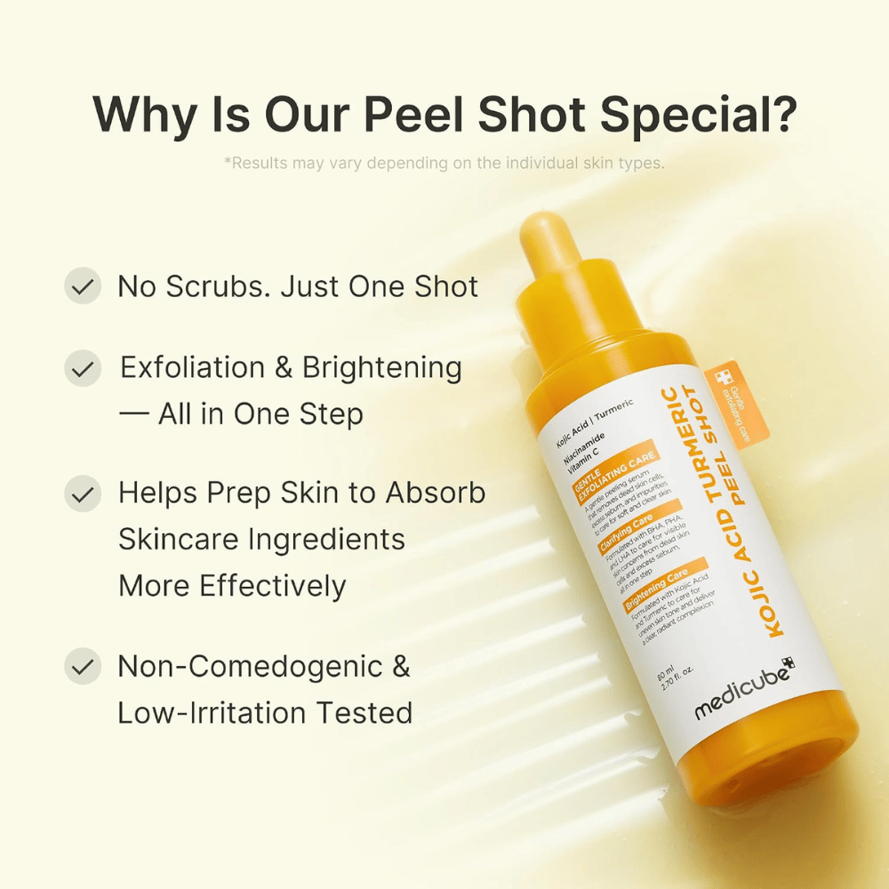 Medicube Kojic Acid Turmeric Peel Shot – απολεπιστικό πίλινγκ με κοζικό οξύ και κουρκουμά για πιο ομοιόμορφο τόνο, λάμψη και πιο λεία επιδερμίδα.