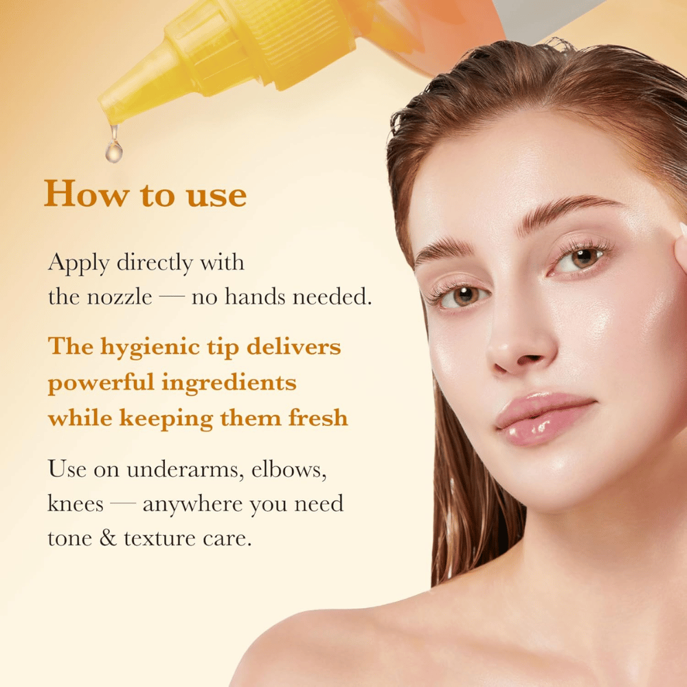 Εικόνα χρήσης για το Medicube Kojic Acid Turmeric Resurfacing Toner που δείχνει υγιεινή εφαρμογή απευθείας με απλικατέρ ακριβείας για φροντίδα του τόνου και της υφής του δέρματος, για παράδειγμα σε αγκώνες και γόνατα.