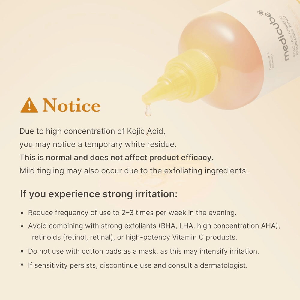 Ενημερωτική εικόνα για το Medicube Kojic Acid Turmeric Resurfacing Toner με σημαντικές πληροφορίες χρήσης σχετικά με το κοζικό οξύ, την απολέπιση και το πώς μπορεί να μειωθεί ο ερεθισμός σε ευαίσθητο δέρμα.