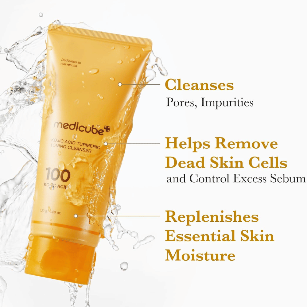 Medicube Kojic Acid Turmeric Toning Cleanser 120 g, καθαριστικό προσώπου που αφαιρεί ακαθαρσίες και νεκρά κύτταρα του δέρματος. Κίτρινο σωληνάριο με πιτσιλιές νερού.