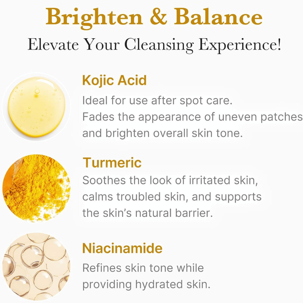 Medicube Kojic Acid Turmeric Toning Cleanser με κοζικό οξύ, κουρκουμά και νιασιναμίδη. Επισκόπηση συστατικών για πιο ομοιόμορφο τόνο επιδερμίδας.