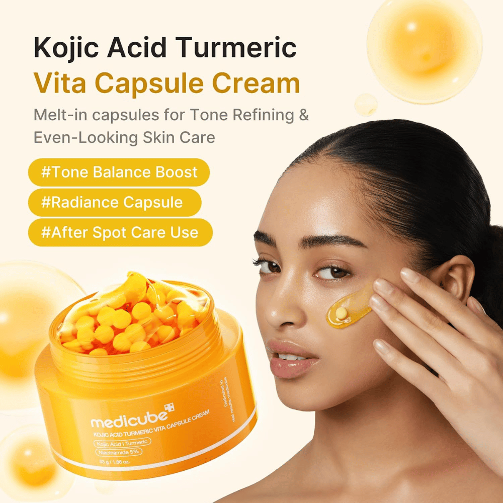 4. Medicube Kojic Acid Turmeric Vita Capsule Cream – κρέμα προσώπου που χαρίζει λάμψη με κάψουλες που εφαρμόζονται στο μάγουλο