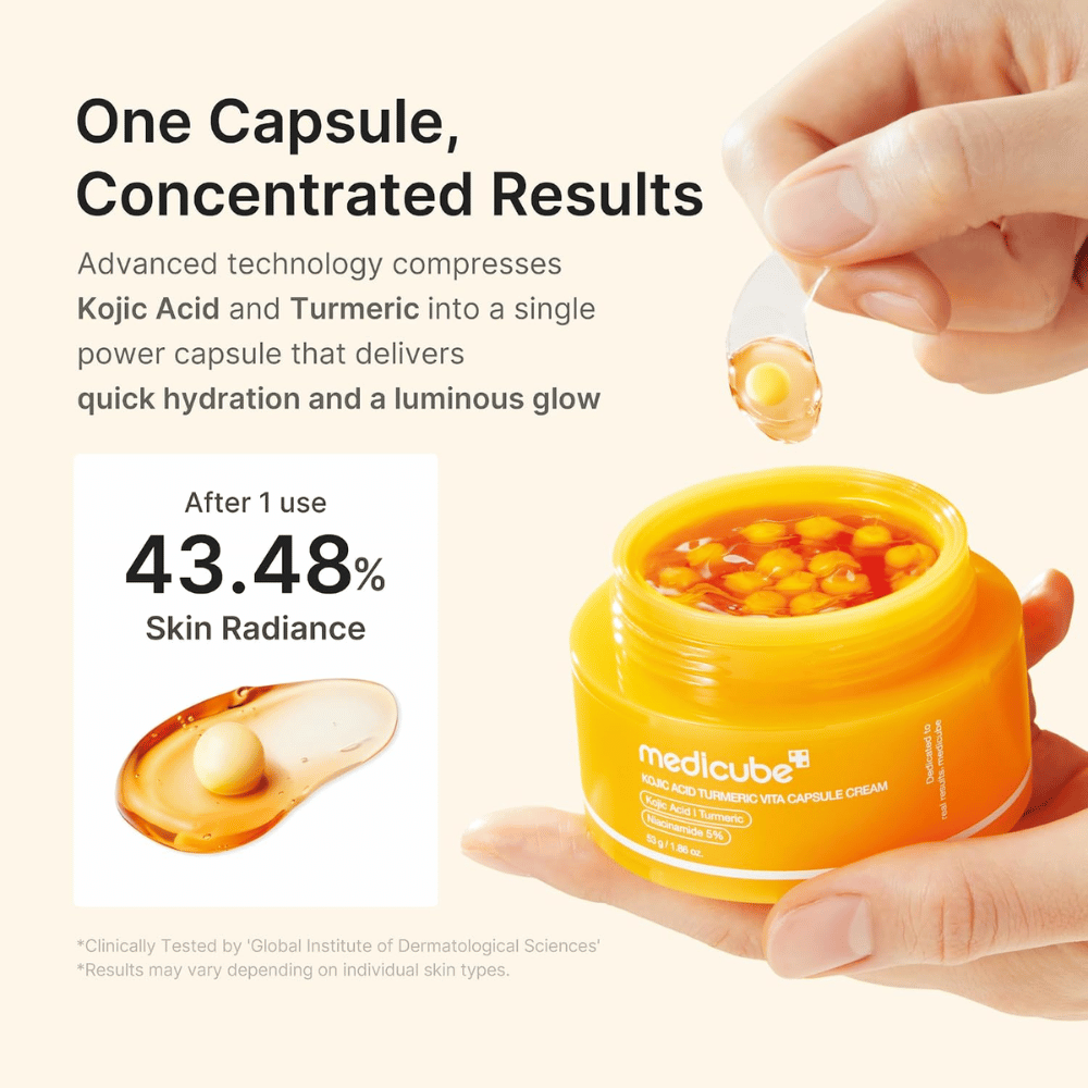 1. Medicube Kojic Acid Turmeric Vita Capsule Cream – κρέμα προσώπου με συμπυκνωμένες κάψουλες για ενυδάτωση και αυξημένη λάμψη
