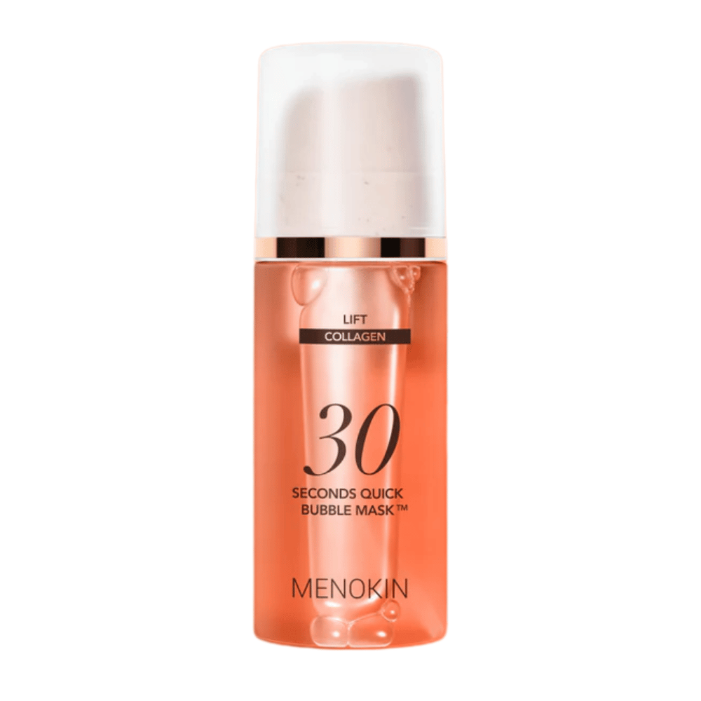 Απομονωμένη εικόνα προϊόντος του MENOKIN LIFT 30 Seconds Quick Bubble Mask που δείχνει καθαρά τον κομψό πορτοκαλί σχεδιασμό και τη συσκευασία με αντλία.