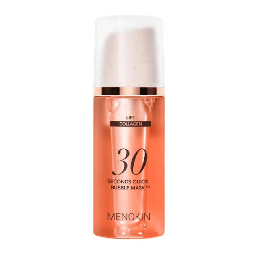 Απομονωμένη εικόνα προϊόντος του MENOKIN LIFT 30 Seconds Quick Bubble Mask που δείχνει καθαρά τον κομψό πορτοκαλί σχεδιασμό και τη συσκευασία με αντλία.