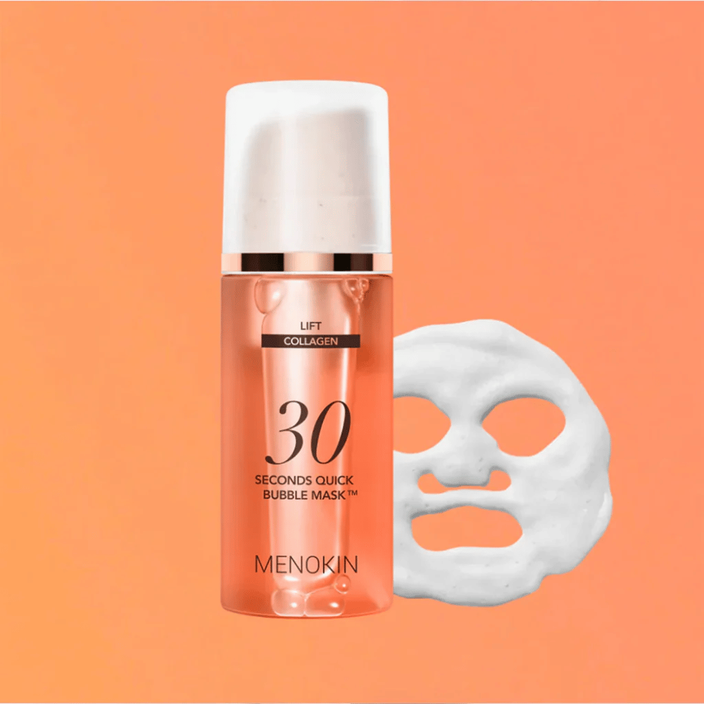 Εικόνα προϊόντος του MENOKIN LIFT 30 Seconds Quick Bubble Mask με πορτοκαλί φόντο και σχήμα μάσκας αφρού που συμβολίζει γρήγορη και αποτελεσματική μάσκα προσώπου σε μόλις 30 δευτερόλεπτα.