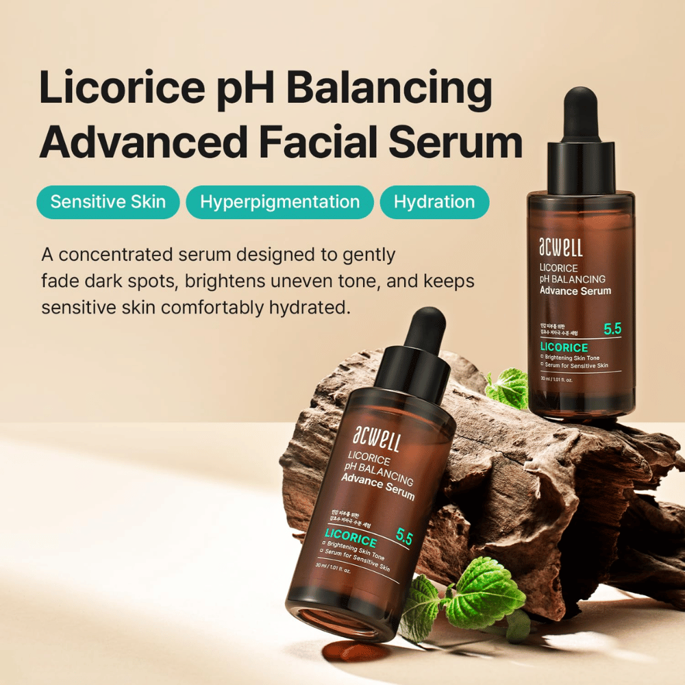 Διαφημιστική εικόνα για το Acwell Licorice pH Balancing Advance Serum με έμφαση στο ευαίσθητο δέρμα, την υπερμελάγχρωση και την ενυδάτωση.