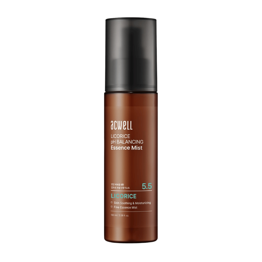 Εικόνα προϊόντος του Acwell Licorice pH Balancing Essence Mist σε καφέ φιαλίδιο spray. Ενυδατικό essence mist με εκχύλισμα γλυκόριζας και pH 5,5 που εξισορροπεί την επιδερμίδα, βοηθώντας να καταπραΰνει και να φρεσκάρει το δέρμα.