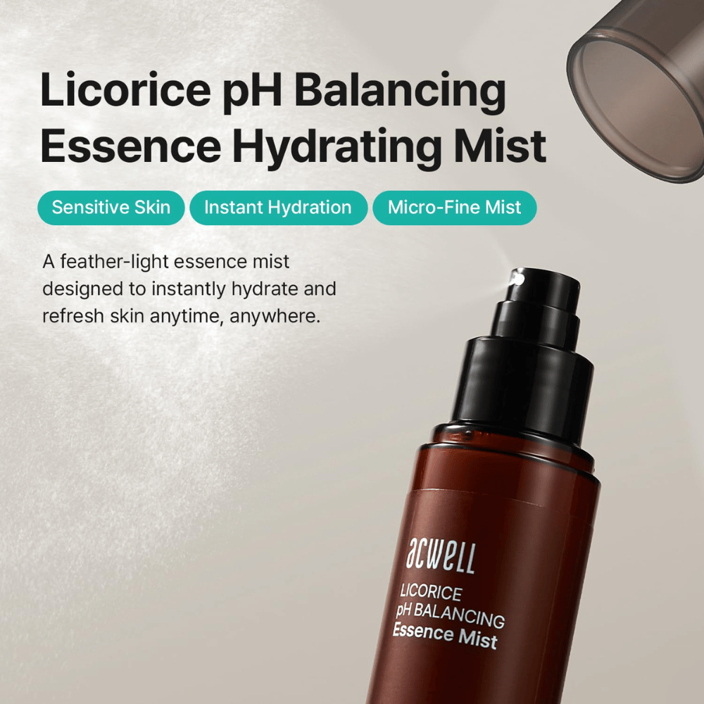 Acwell Licorice pH Balancing Essence Mist με έμφαση στο ευαίσθητο δέρμα, την εντατική ενυδάτωση και την τεχνολογία εξαιρετικά λεπτής ψεκασμού. Αναζωογονητικό essence mist που ενυδατώνει το δέρμα οποιαδήποτε στιγμή μέσα στην ημέρα.