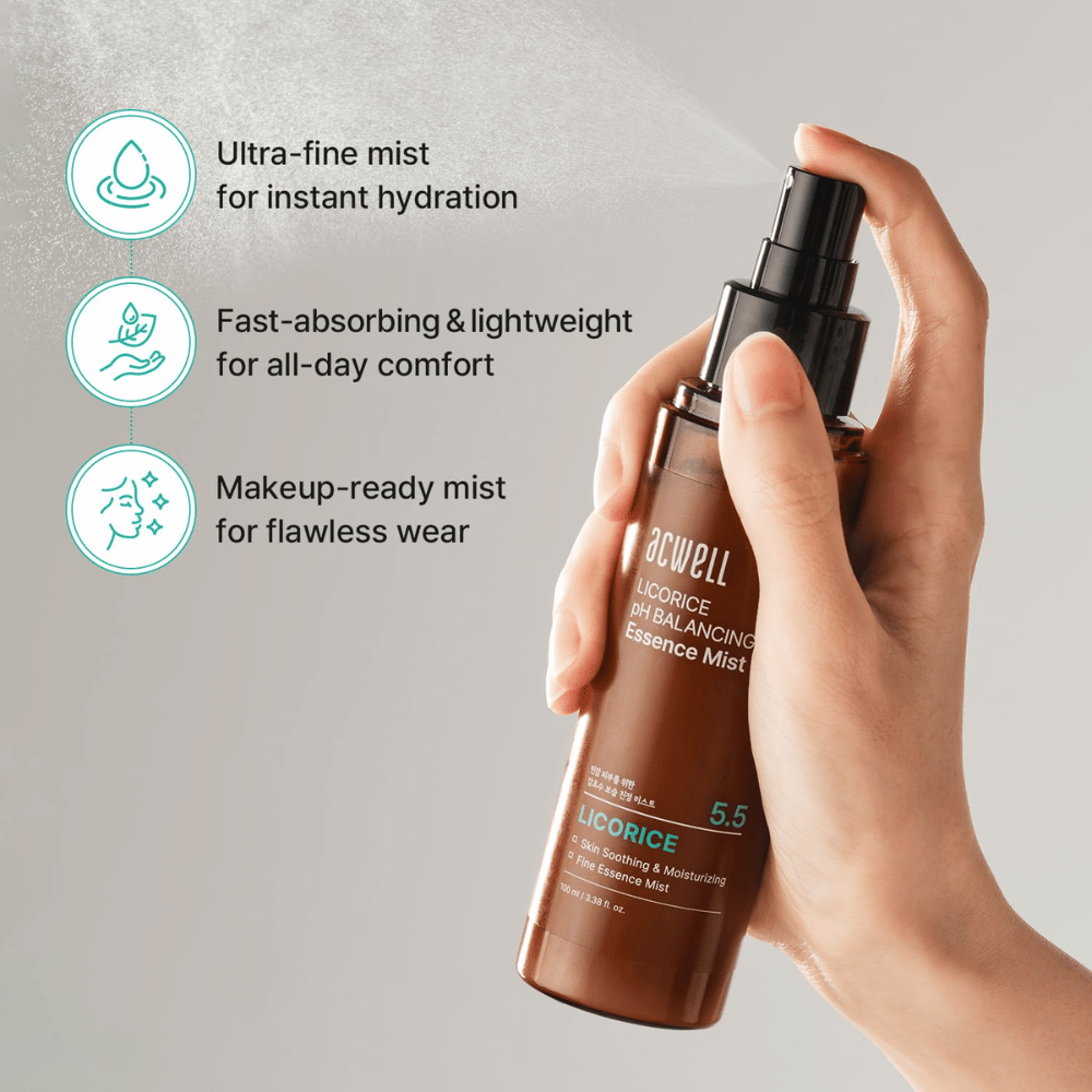 Acwell Licorice pH Balancing Essence Mist ψεκάζεται με λεπτοδιαμερισμένο mist. Ελαφριά σύνθεση που απορροφάται γρήγορα, προσφέρει άμεση ενυδάτωση και λειτουργεί τόσο με όσο και χωρίς μακιγιάζ.