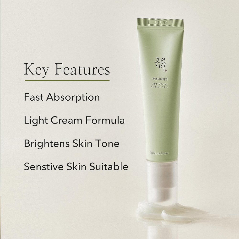 Beauty of Joseon Light On Serum με Centella και βιταμίνη C, εμφανίζεται όρθιο με συμπιεσμένη κρέμα προϊόντος στη βάση. Δίπλα αναφέρονται βασικά χαρακτηριστικά: γρήγορη απορρόφηση, ελαφριά κρεμώδης φόρμουλα, βελτίωση του τόνου του δέρματος και κατάλληλο για ευαίσθητο δέρμα.
